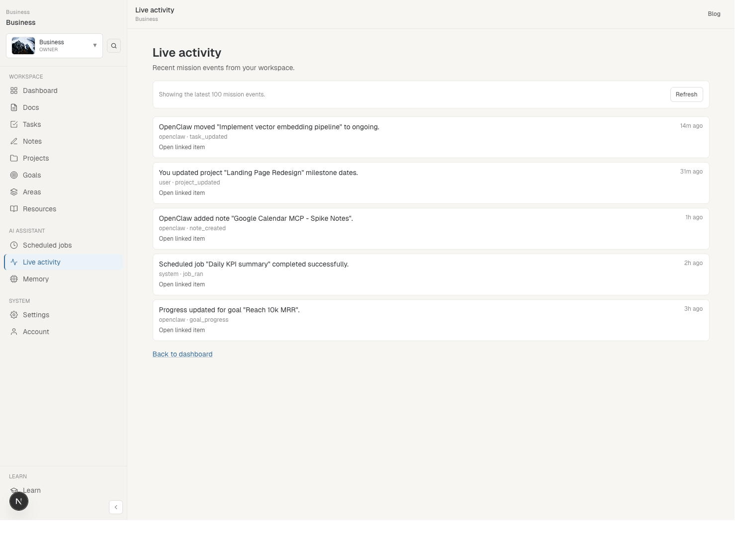Live activity feed with recent AI and user events