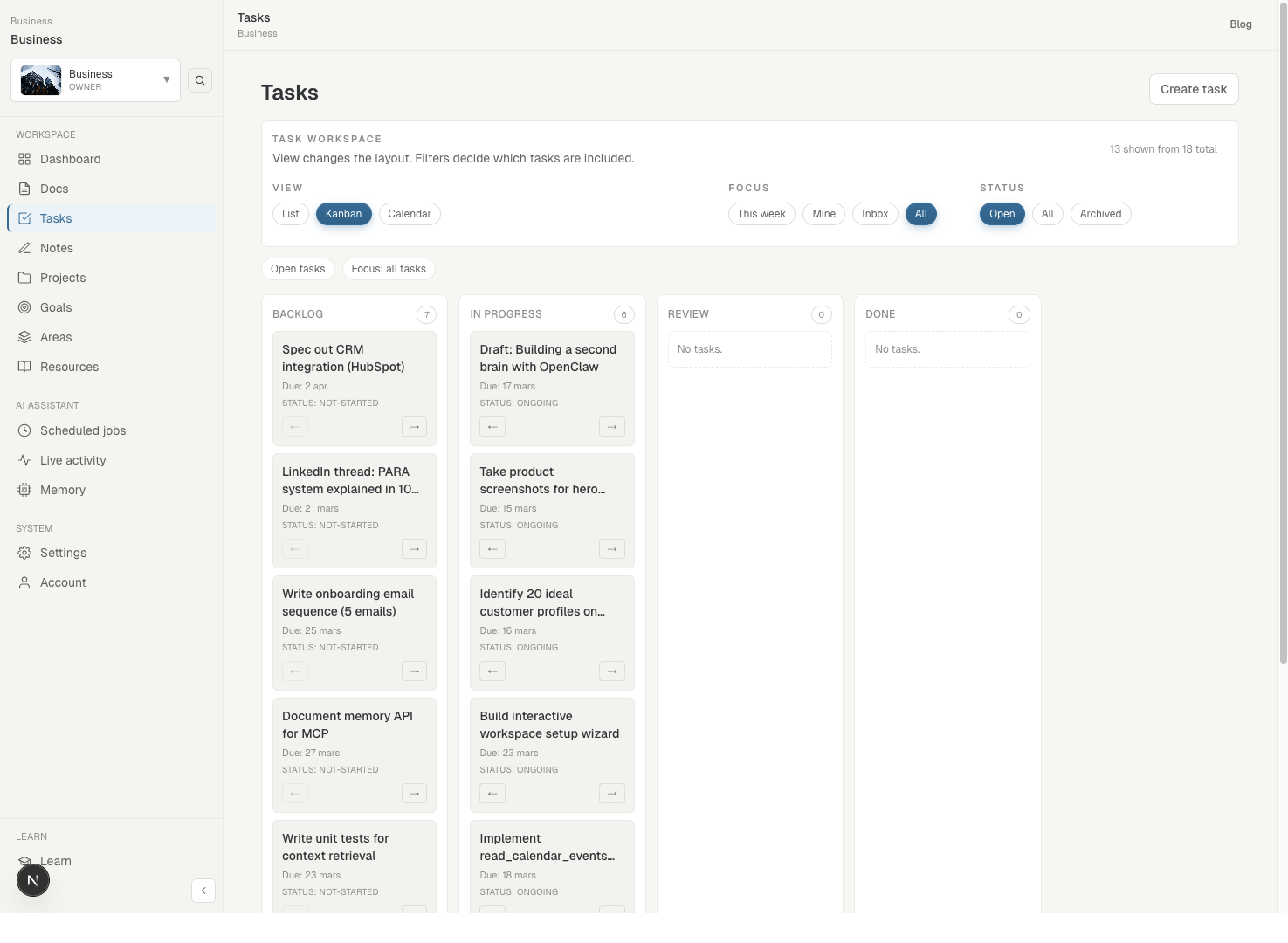 Mission board with kanban columns and task cards