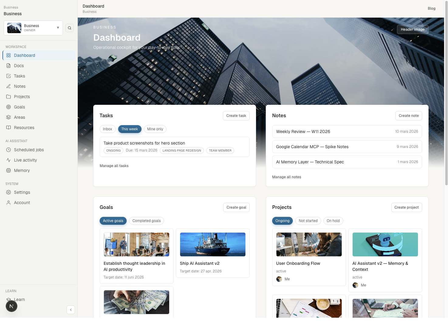 Workspace sidebar showing PARA sections