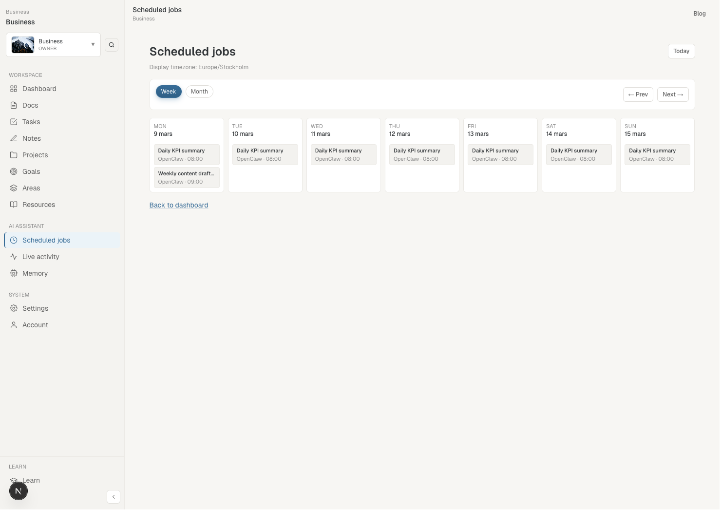 Scheduled jobs list with cron expressions and next runs