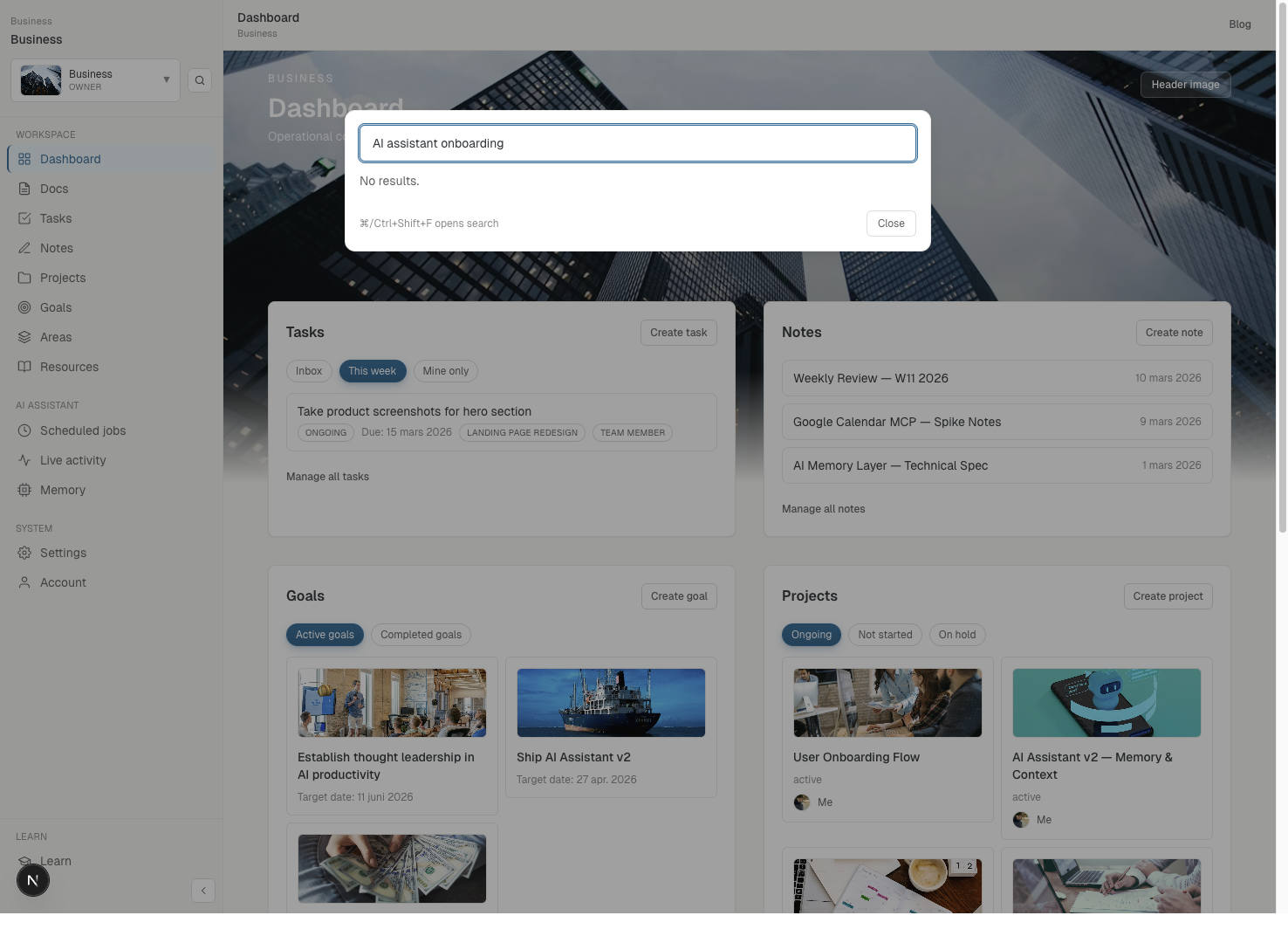 Search dialog showing mixed entity results