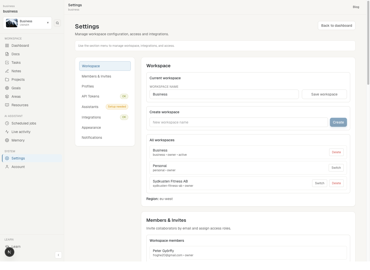 Settings view used to configure API tokens and integrations